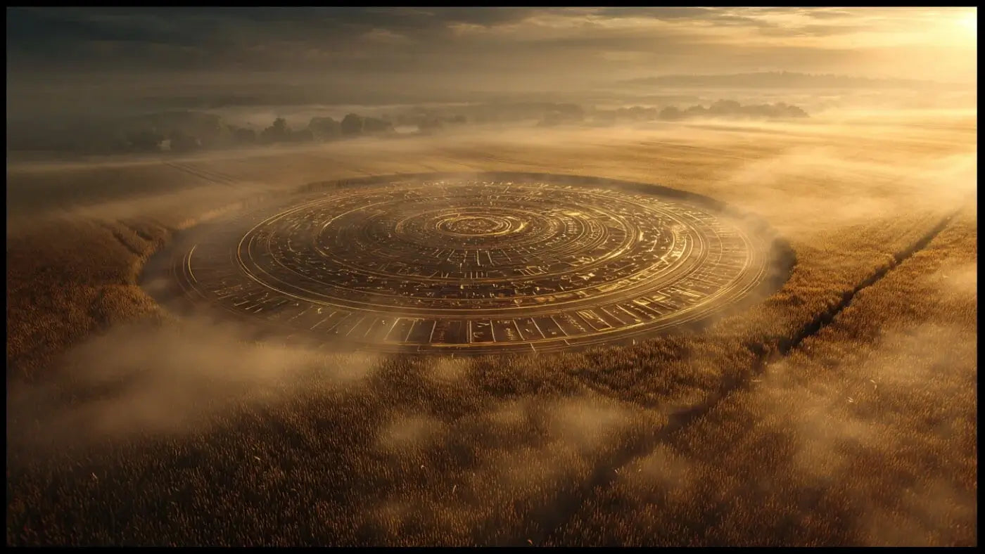 Vue aérienne d’un champ doré au lever du soleil avec un crop circle lumineux aux motifs géométriques sacrés, symbole du mystère et de l’harmonie cosmique