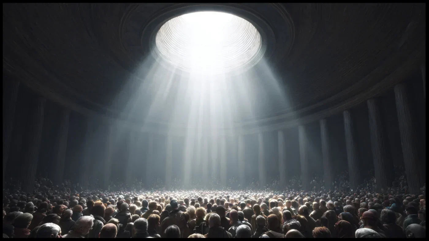 Photographie réaliste d’un cercle de citoyens réunis dans une assemblée lumineuse, symbole du tirage au sort démocratique