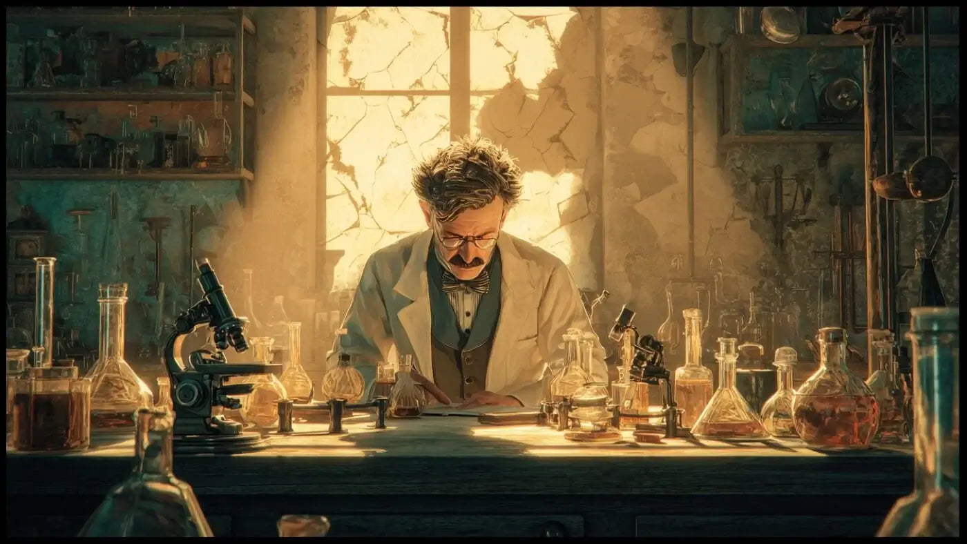 Illustration photoréaliste d’un laboratoire du XIXe siècle où la lumière révèle les zones d’ombre du mythe pasteurien