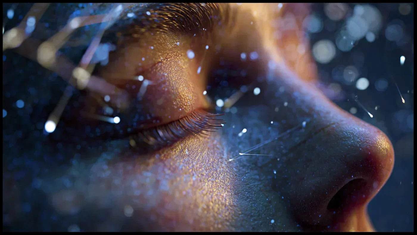 Visage aux yeux clos entouré de particules lumineuses et de formes géométriques, symbole d’éveil intérieur