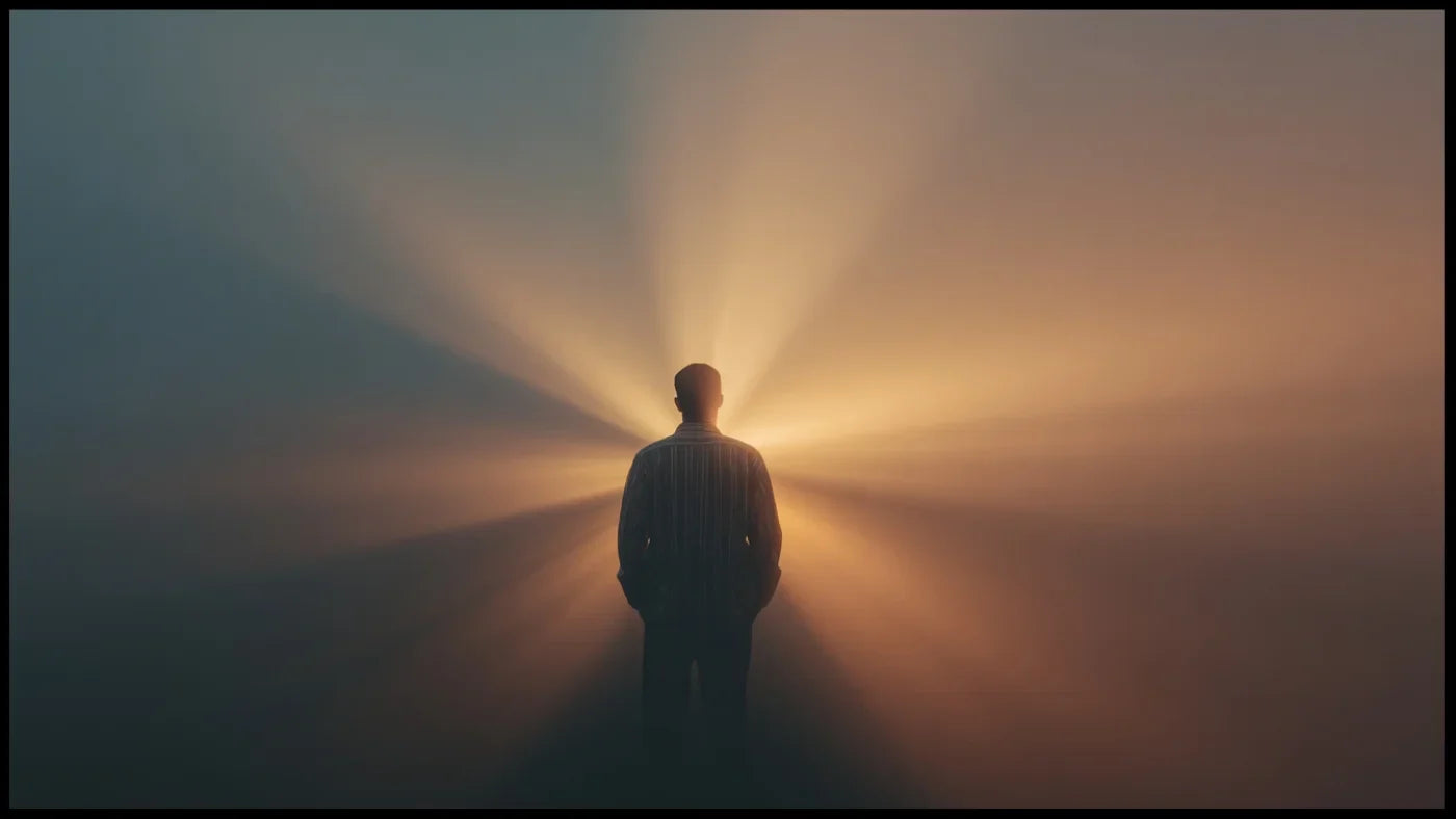 Personne vue de dos face à une lumière douce au lever du soleil, symbole d’éveil intérieur