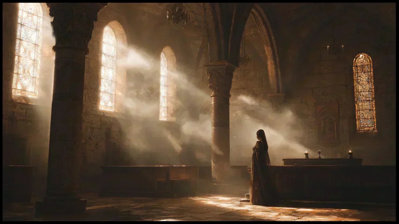 Silhouette féminine en prière dans une église baignée de lumière dorée, symbole de foi et de mystère divin