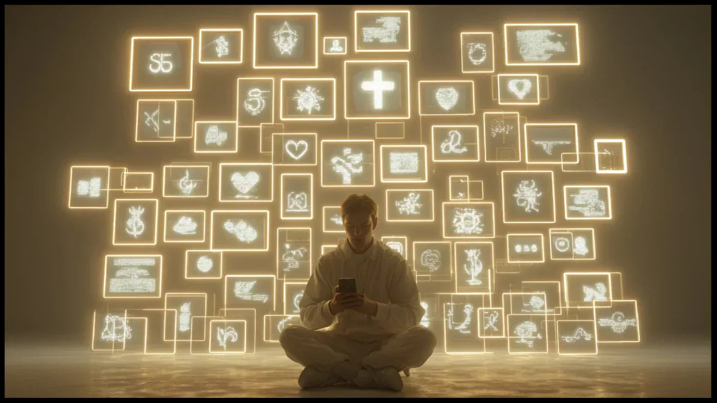 Personne pensive entourée d’écrans lumineux affichant des symboles spirituels et des icônes numériques, symbole des dérives de la spiritualité moderne