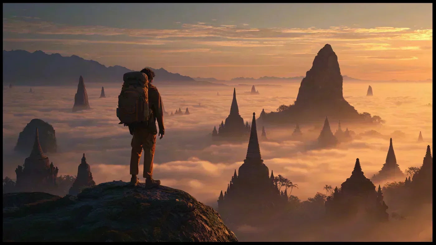 Voyageur au sommet d’une montagne au lever du soleil contemplant des sites sacrés du monde, symbole du voyage spirituel et initiatique