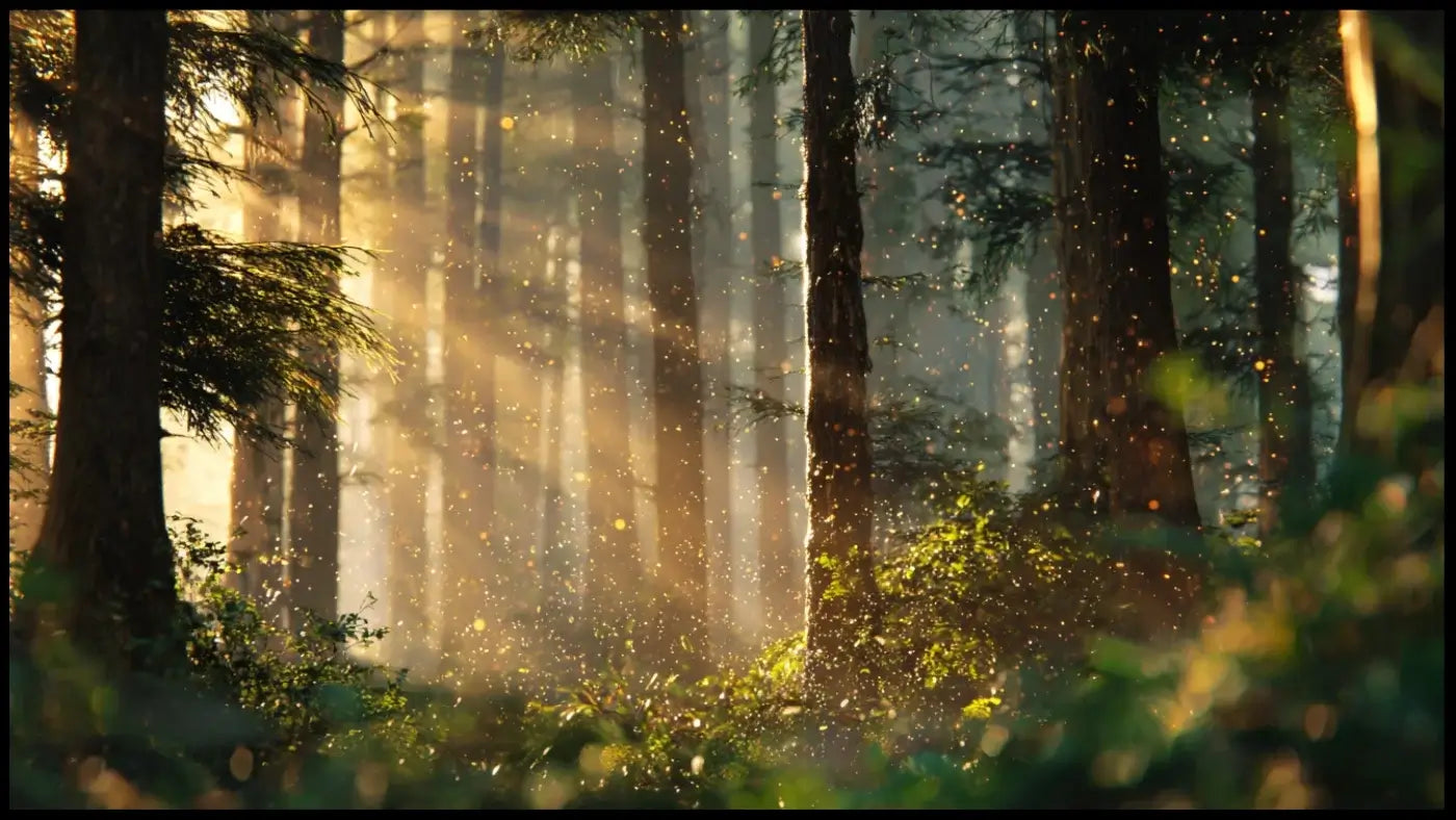 forêt lumineuse évoquant la présence invisible des esprits de la nature