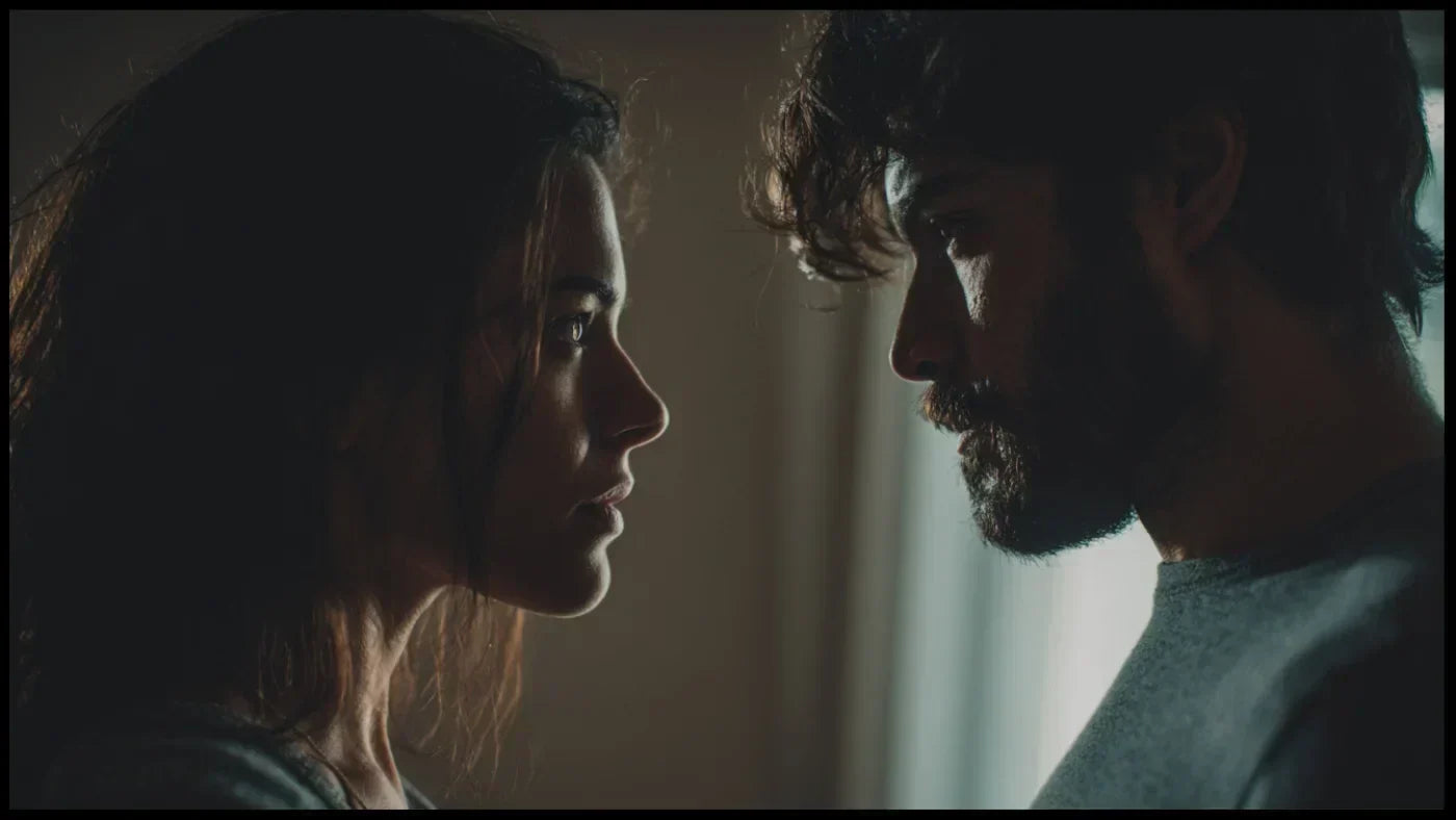 Deux personnes face à face illustrant la tension émotionnelle d’une relation intense dite de flamme jumelle