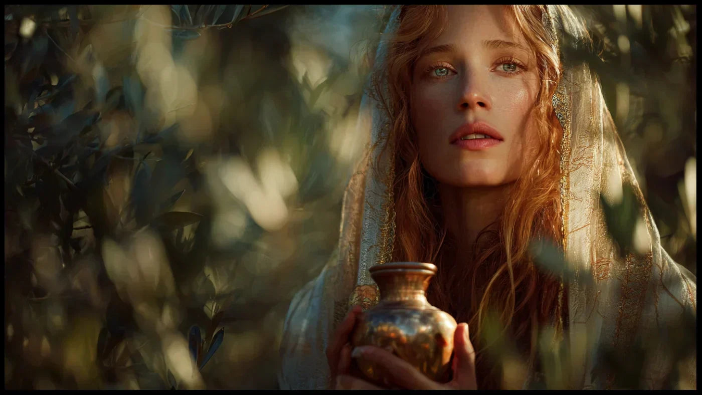 Portrait mystique de Marie-Madeleine tenant un vase d'albâtre dans un paysage de Provence au soleil couchant.