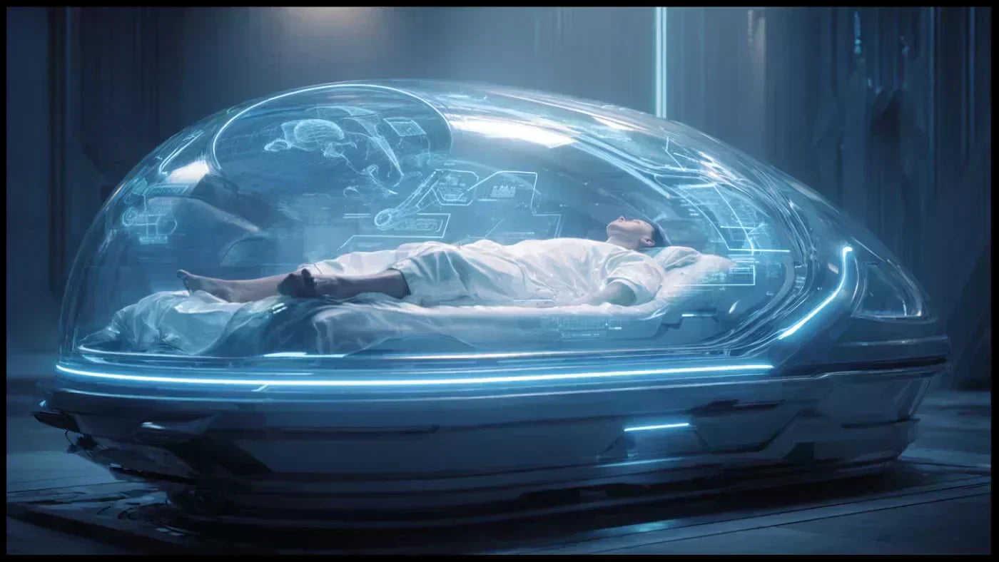 Homme allongé dans un MedBed futuriste au sein d’une base spatiale secrète