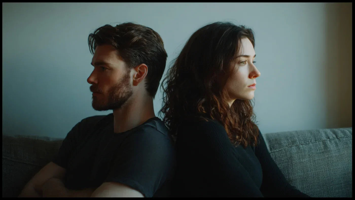 Homme et femme dos à dos illustrant la distance émotionnelle dans les relations modernes